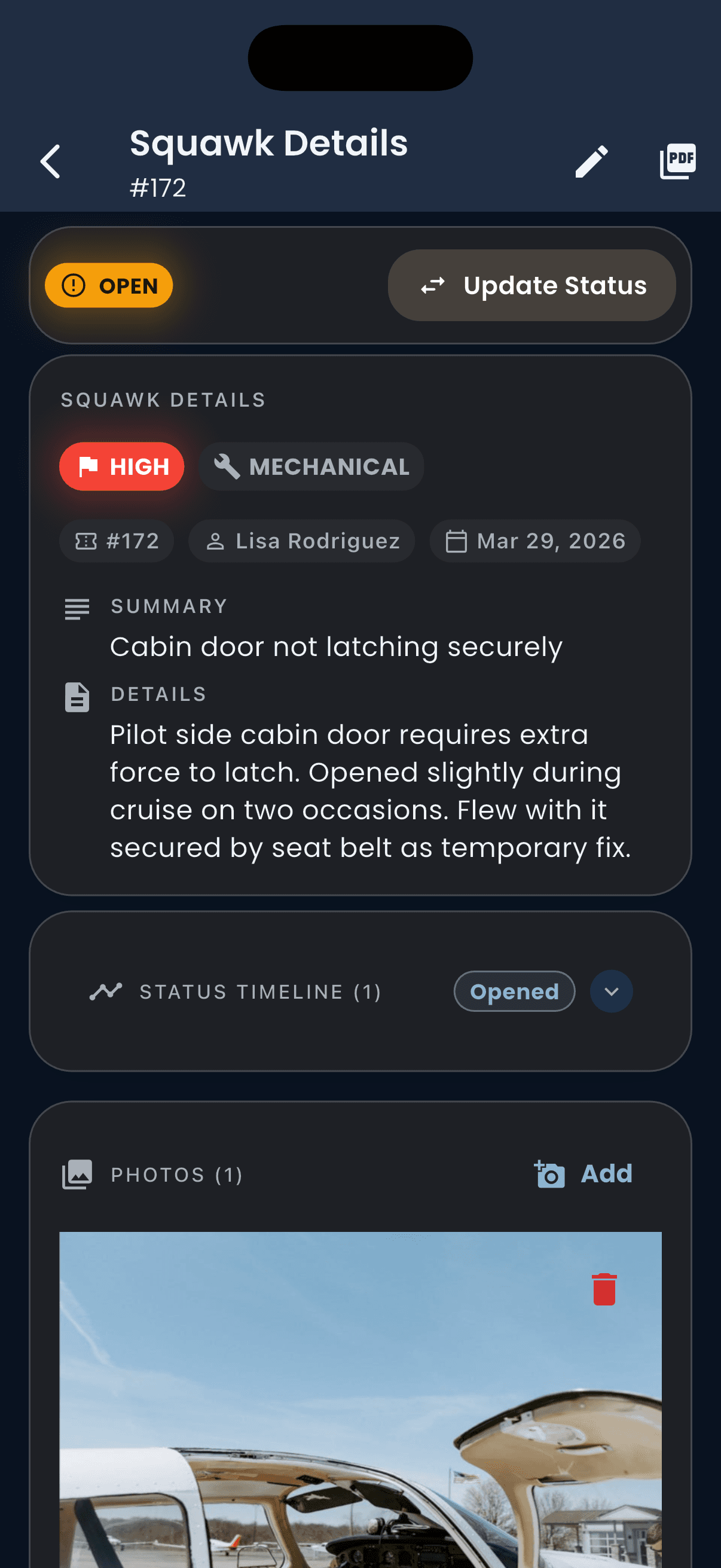 Air Boss mobile squawk detail screen showing aircraft discrepancy report