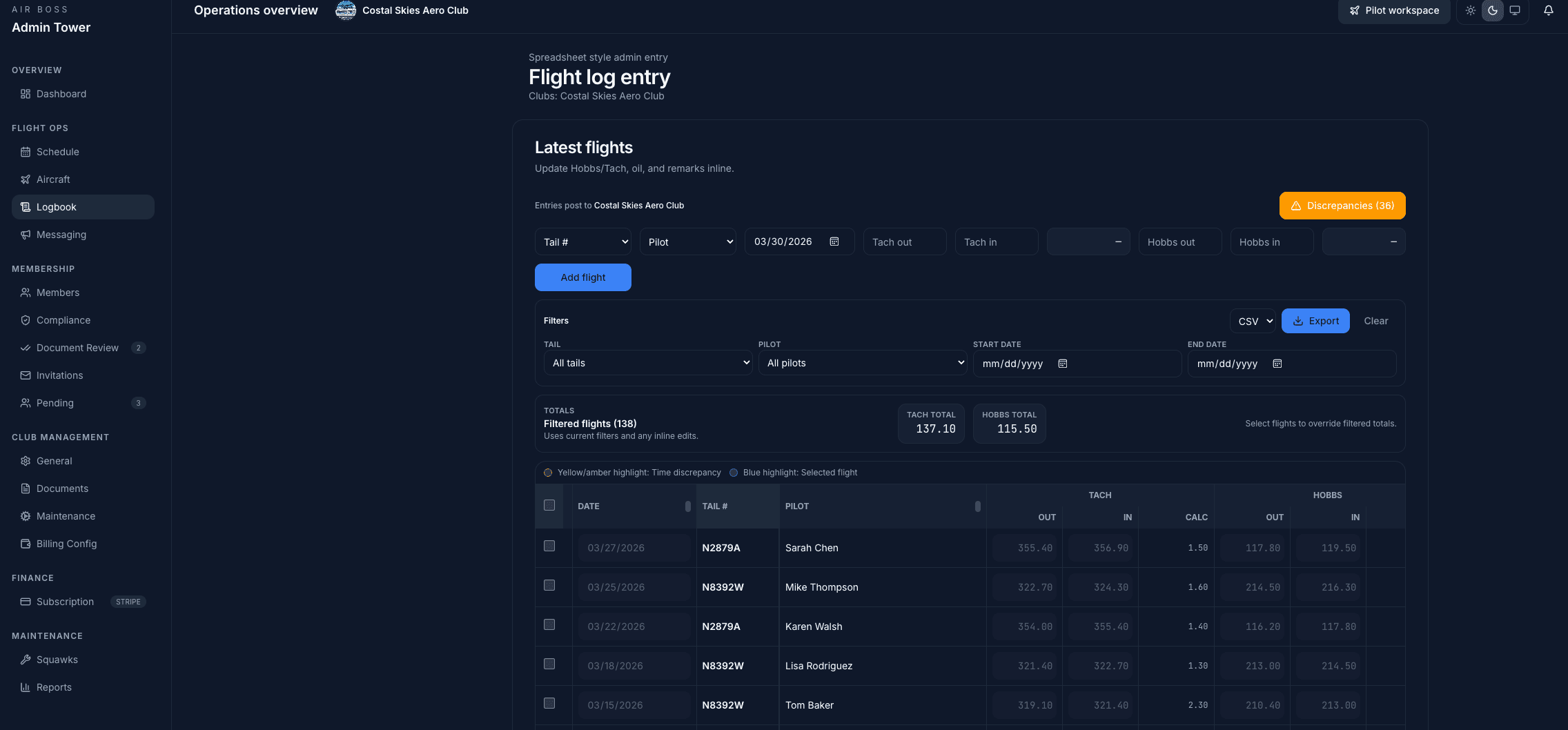 Air Boss web flight logs showing Hobbs and tach entries for a flying club fleet
