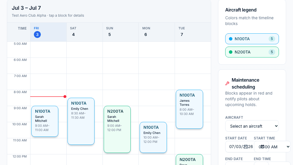 Air Boss schedule control tower showing a week of bookings